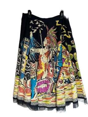 Vintage Funky People Aztec Mayan Ruins Volcano Print Embellished Midi Skirt